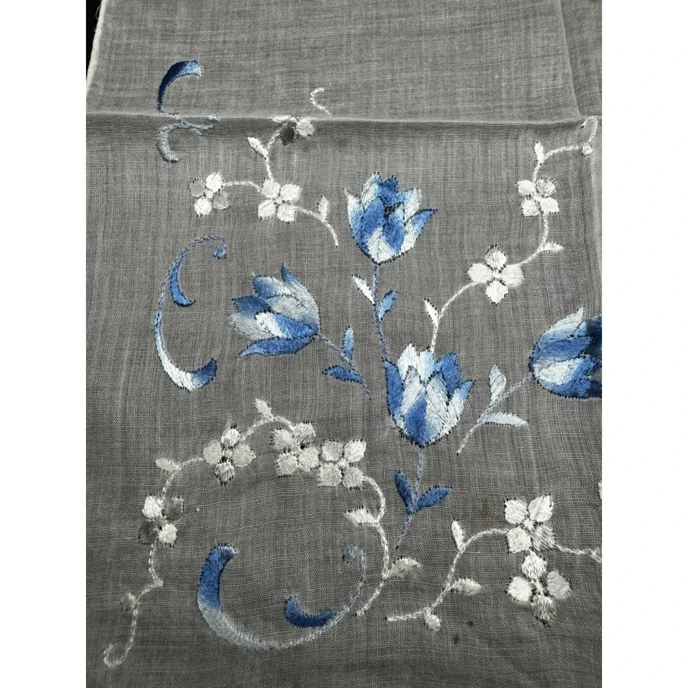 Vintage Blue And Silver‎ Flower Embroidered Hankerchief
